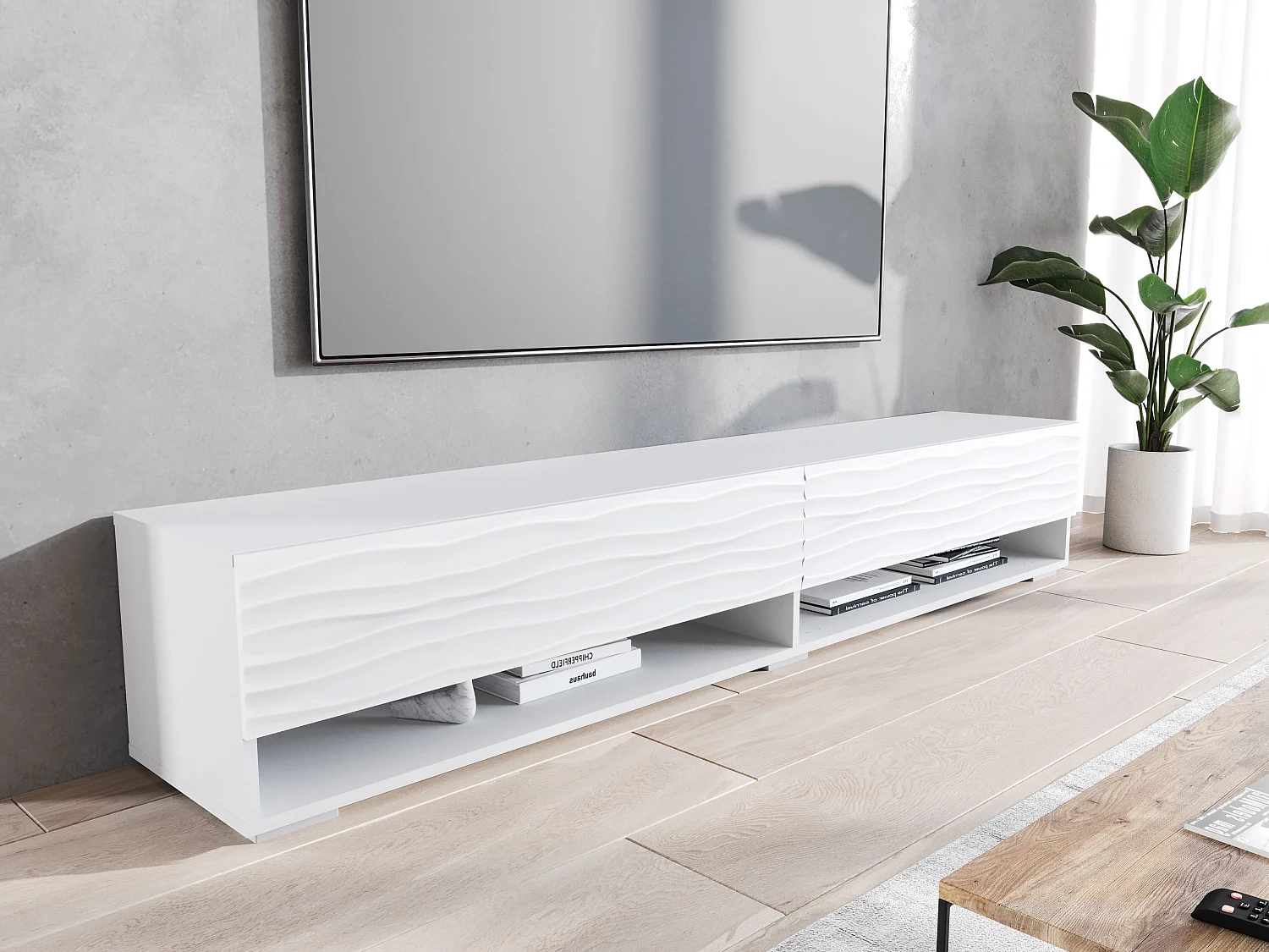 Nowoczesna szafka RTV 180 cm – korpus mat, fronty MDF fala, bezuchwytowa, stojąca lub wisząca, kolor biały mat