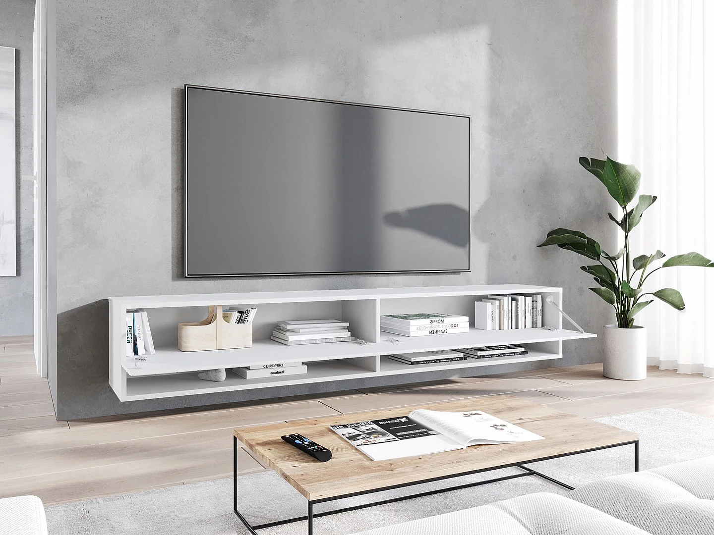 Nowoczesna szafka RTV 180 cm – korpus mat, fronty MDF fala, bezuchwytowa, stojąca lub wisząca, kolor biały mat