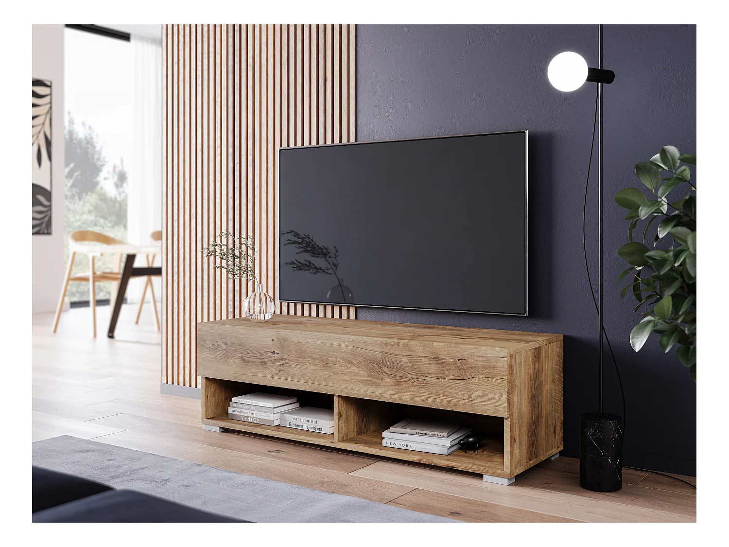 Moderne TV-kast 100 cm – greeploos, staand of hangend, 1 klep, 2 open vakken, kleur kastanje mat