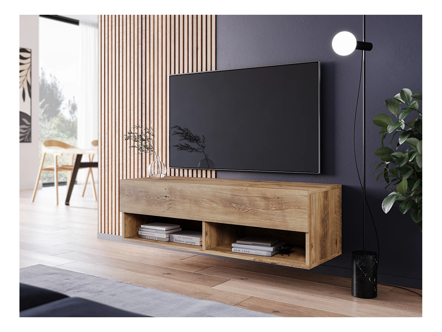 Meuble TV moderne 100 cm – sans poignées, posé ou suspendu, 1 abattant, 2 niches, couleur châtaignier mat