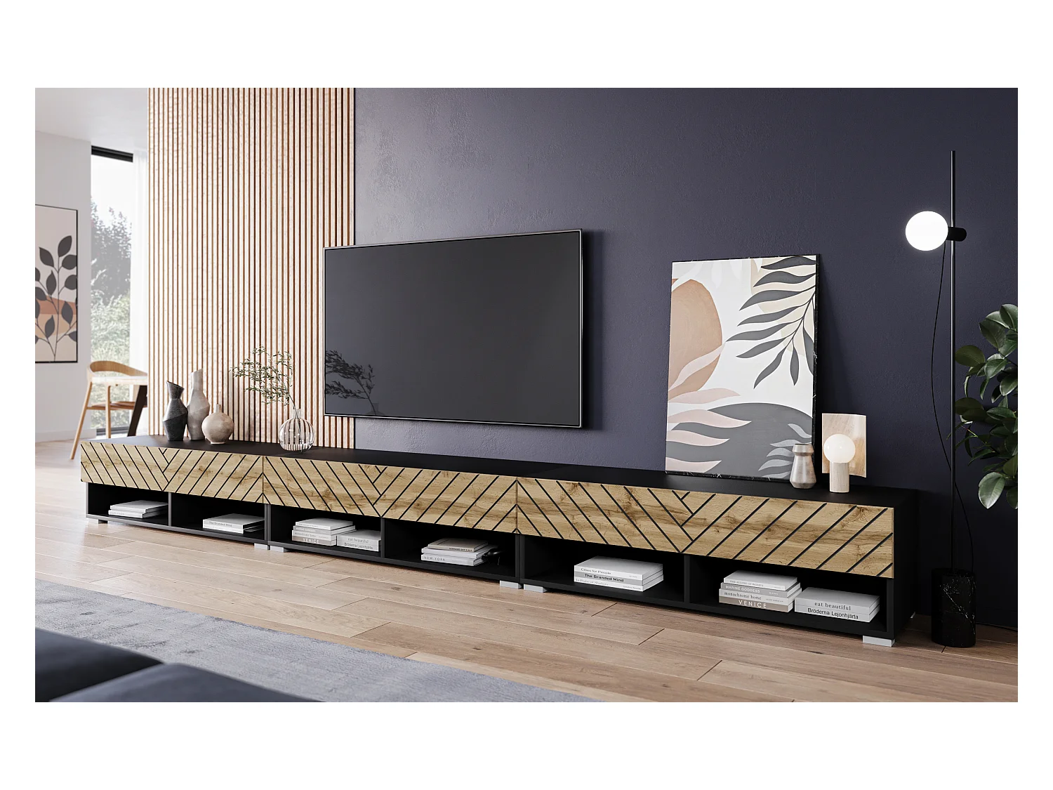 Meuble TV moderne 300 cm – corps noir mat, façades chêne Wotan noir MDF motif chevron, posé ou suspendu