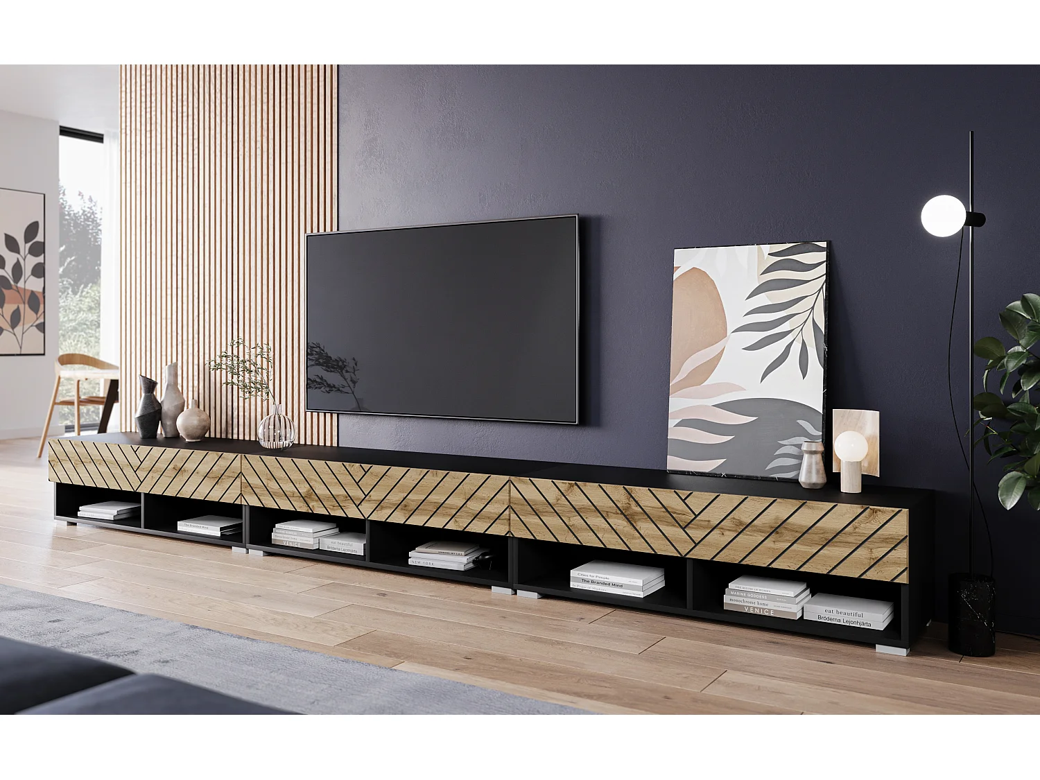 Meuble TV moderne 300 cm – corps noir mat, façades chêne Wotan noir MDF motif chevron, posé ou suspendu