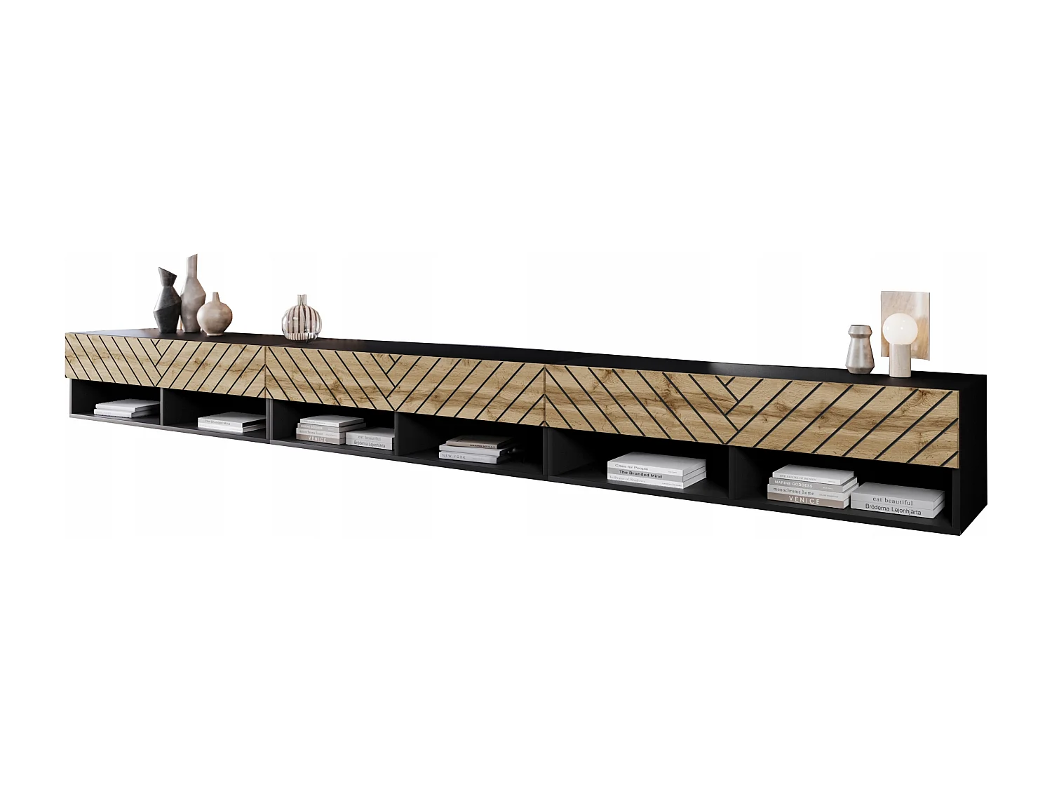 Moderner 300 cm TV-Ständer - Schwarzer matter Korpus, Schwarze Wotan-Eiche Chevron-Fronten, Wandmontage oder Freistehend