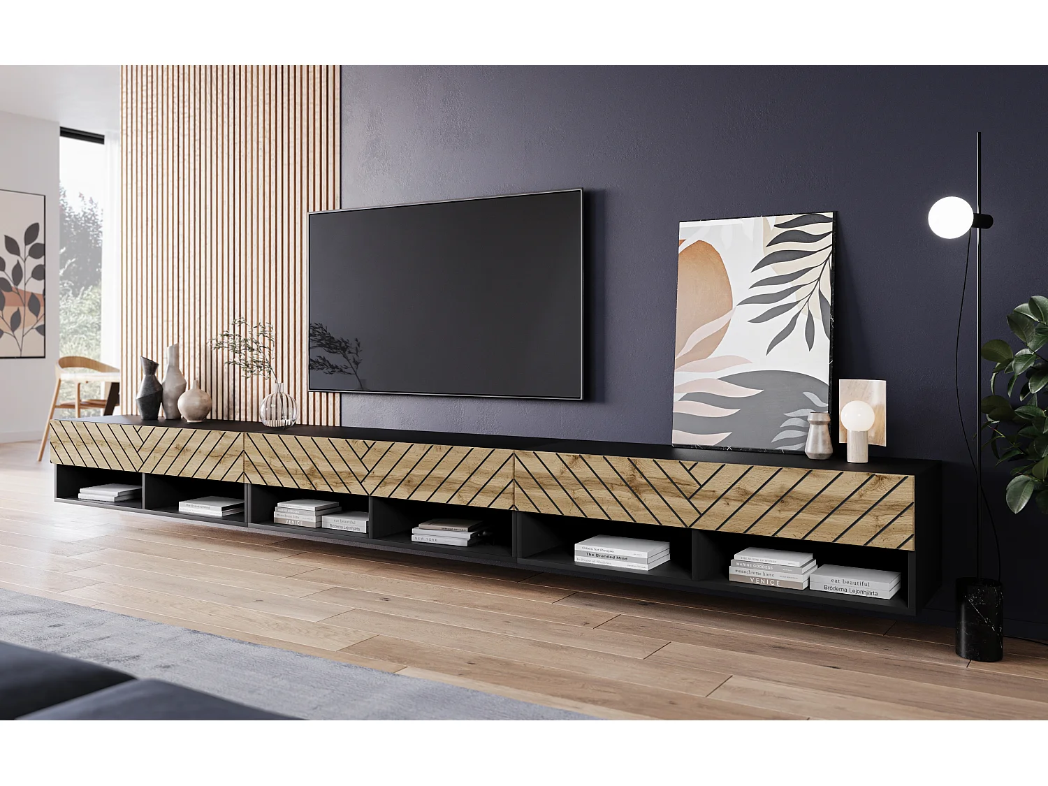 Moderner 300 cm TV-Ständer - Schwarzer matter Korpus, Schwarze Wotan-Eiche Chevron-Fronten, Wandmontage oder Freistehend