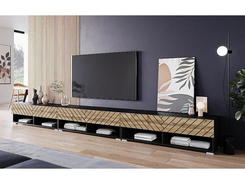 Meuble TV moderne 300 cm – corps noir mat, façades chêne Wotan noir MDF motif chevron, posé ou suspendu