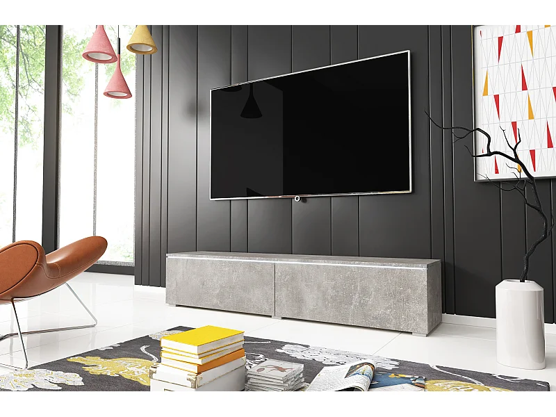 Mueble de TV moderno 140 cm para salón – 2 puertas sin tiradores, hormigón smart mate, de pie o colgante