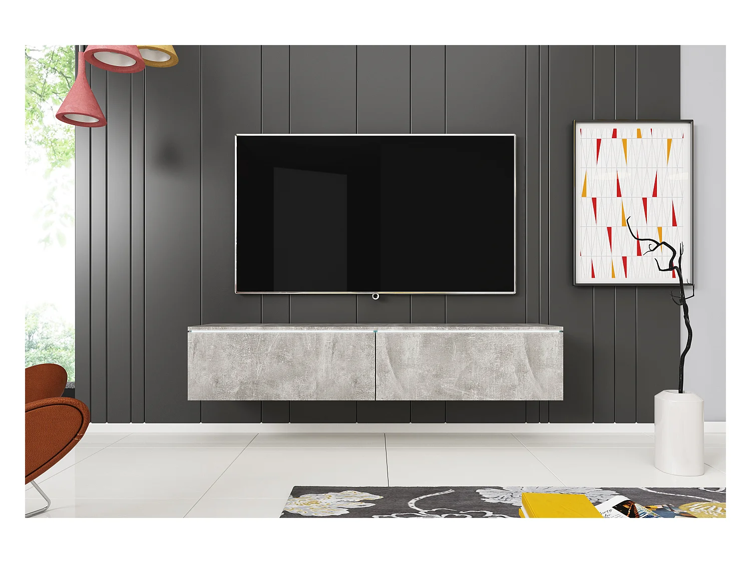 Moderne TV-meubel 140 cm voor woonkamer – 2-deurs, greeploos, beton smart mat, staand of hangend