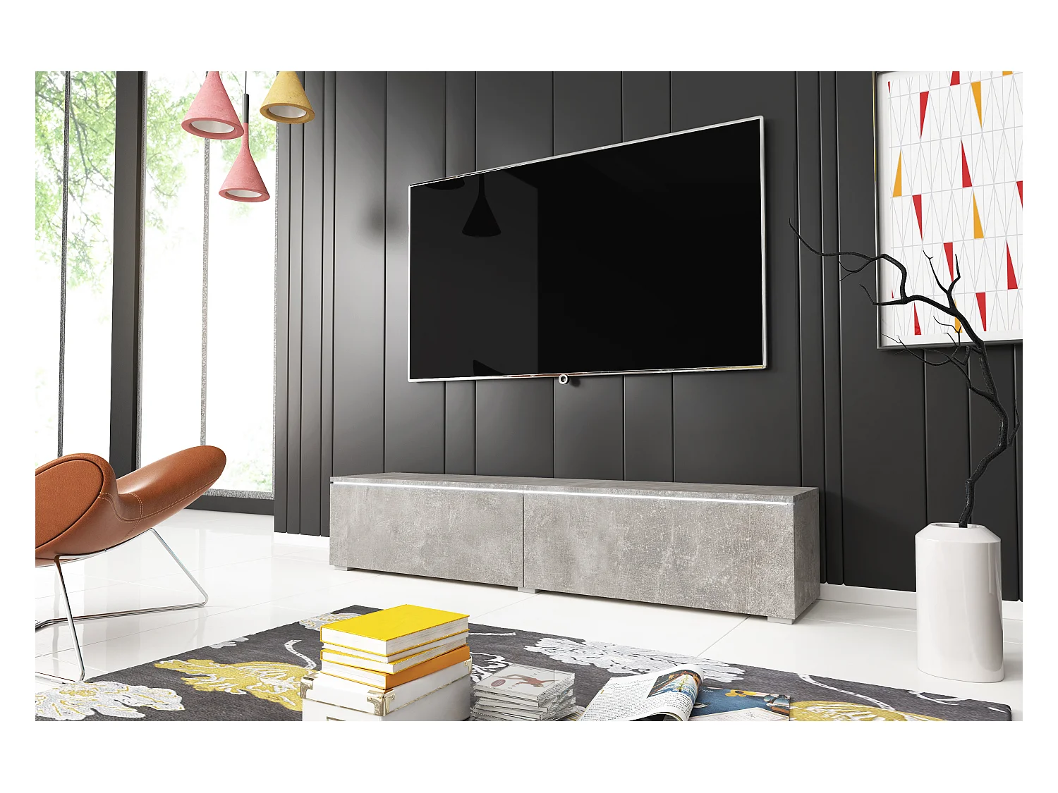 Meuble TV moderne 140 cm pour salon – 2 portes sans poignées, béton smart mat, posé ou suspendu