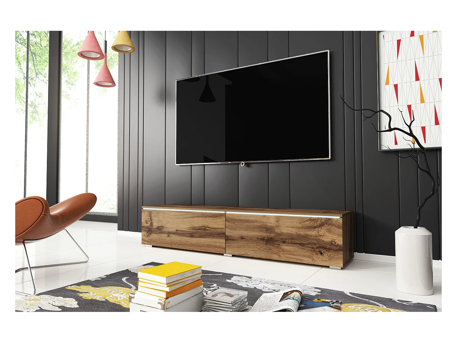 Meuble TV moderne 140 cm pour salon – 2 portes sans poignées, chêne wotan mat, posé ou suspendu