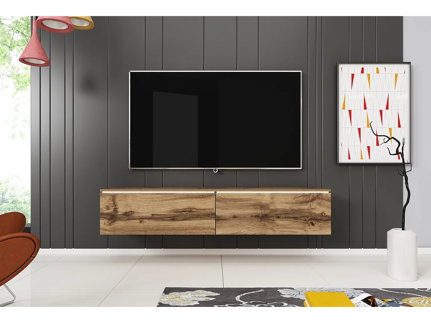 Meuble TV moderne 140 cm pour salon – 2 portes sans poignées, chêne wotan mat, posé ou suspendu
