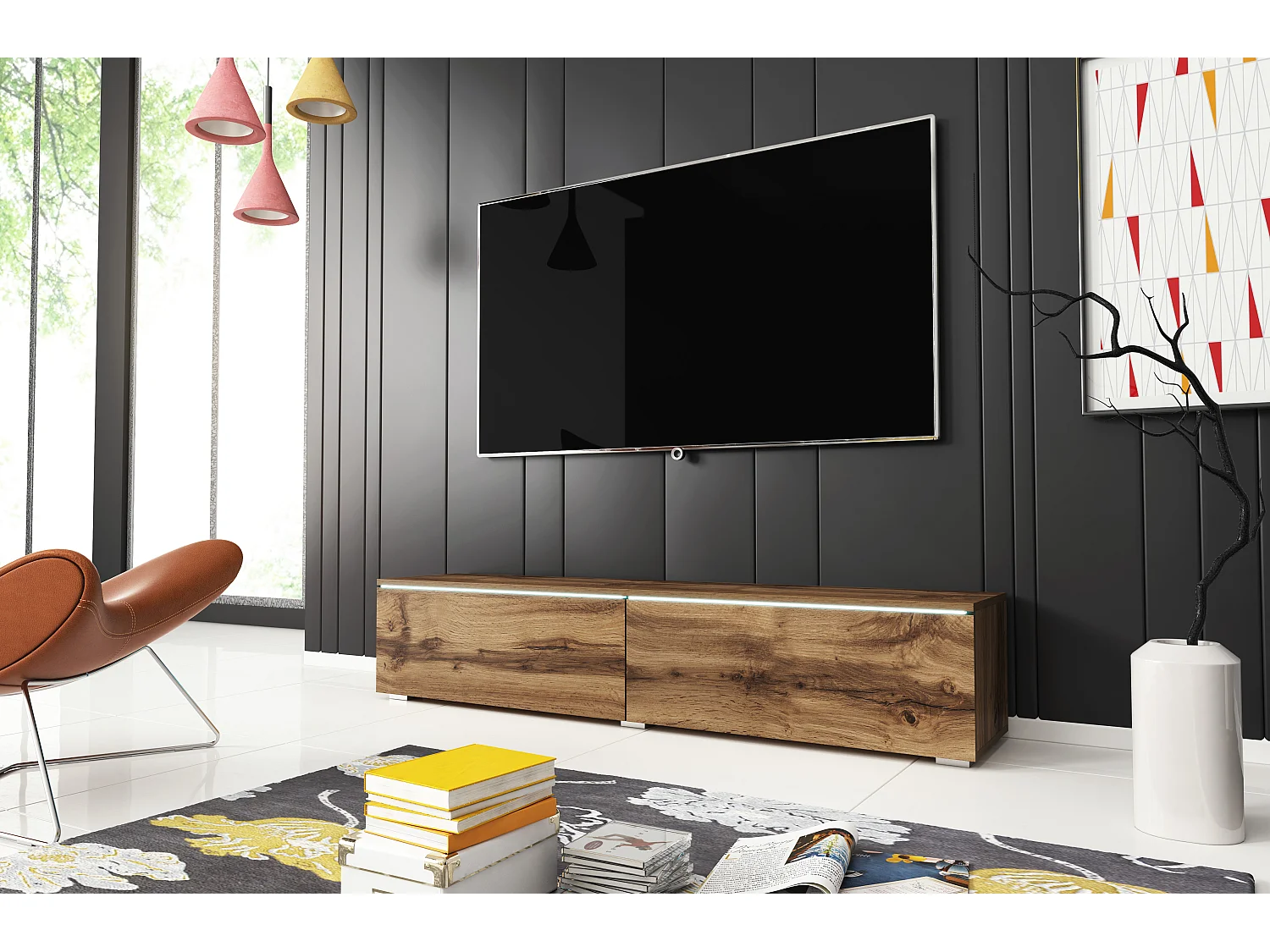 Meuble TV moderne 140 cm pour salon – 2 portes sans poignées, chêne wotan mat, posé ou suspendu