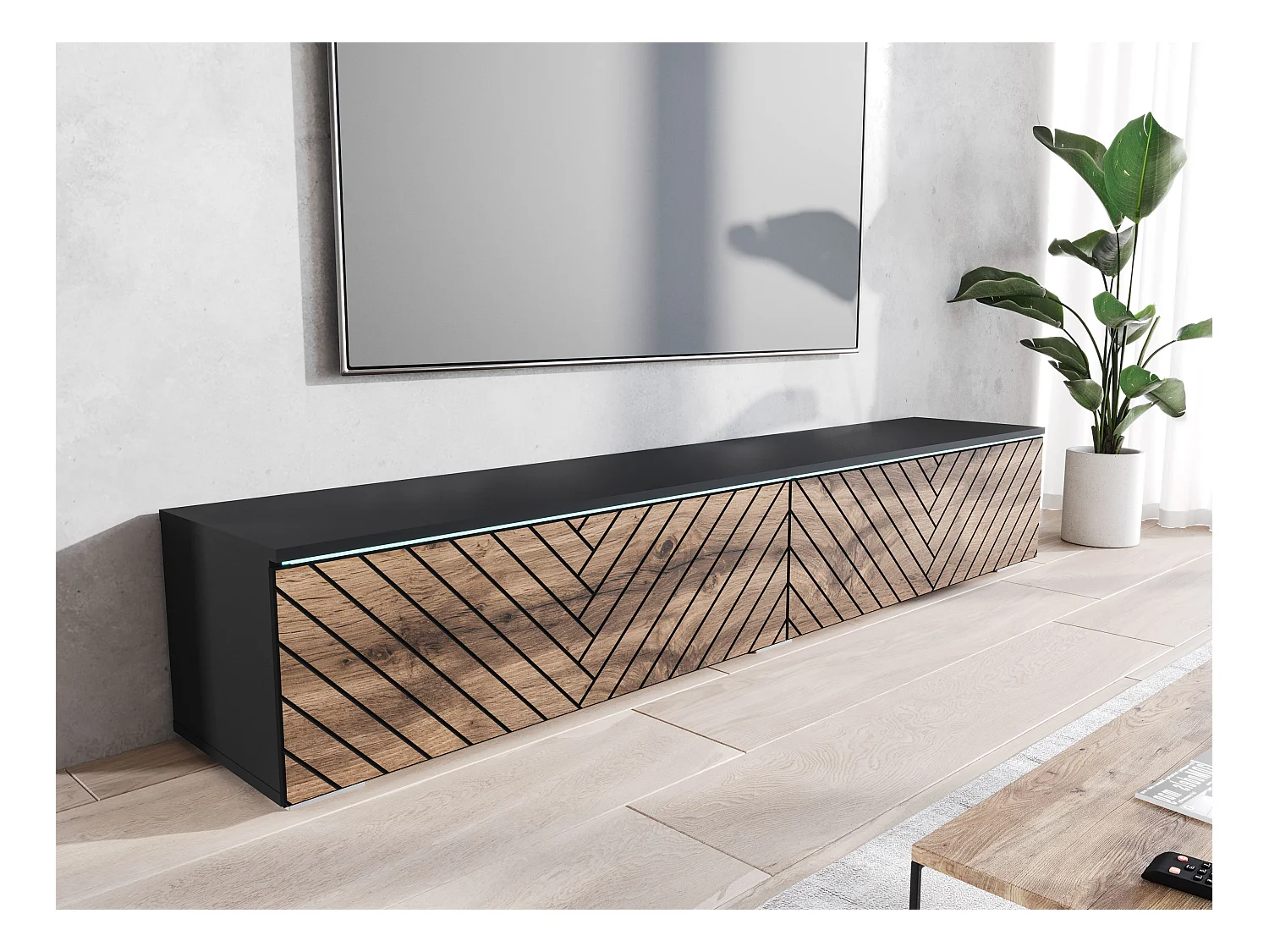 Meuble TV moderne 180 cm pour salon – sans poignées, finition mate, posé ou suspendu, corps noir mat / façades MDF motif chevron chêne wotan