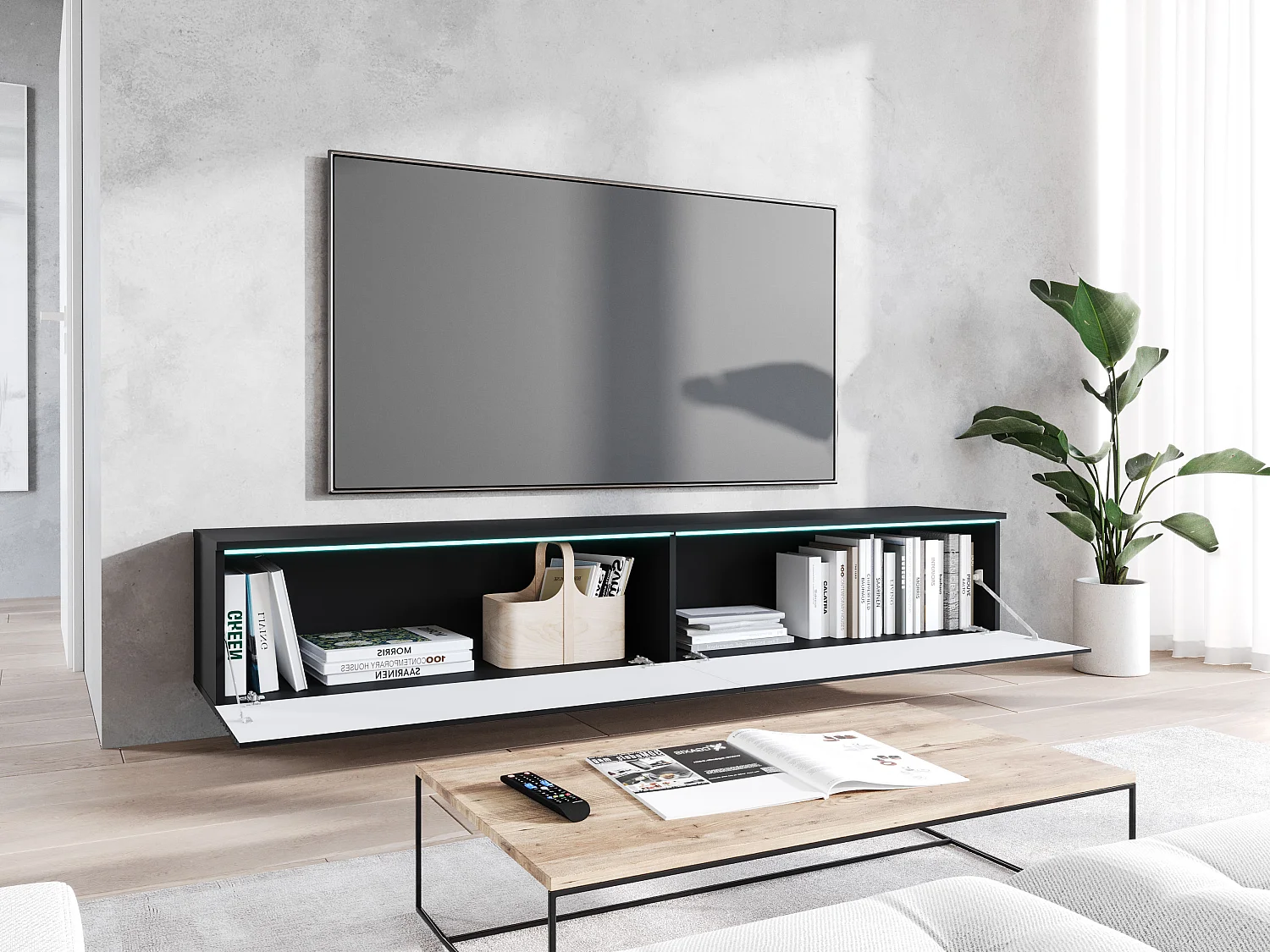 Meuble TV moderne 180 cm pour salon – sans poignées, finition mate, posé ou suspendu, corps noir mat / façades MDF motif chevron chêne wotan