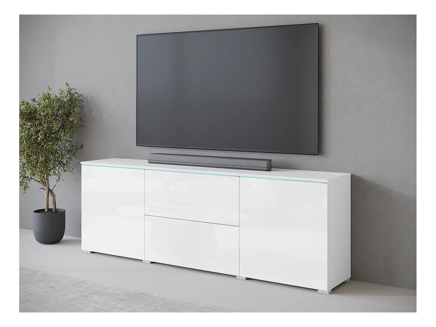 Meuble TV bas moderne 180 cm – meuble TV haut avec tiroirs et étagères, corps blanc mat, façades blanc brillant