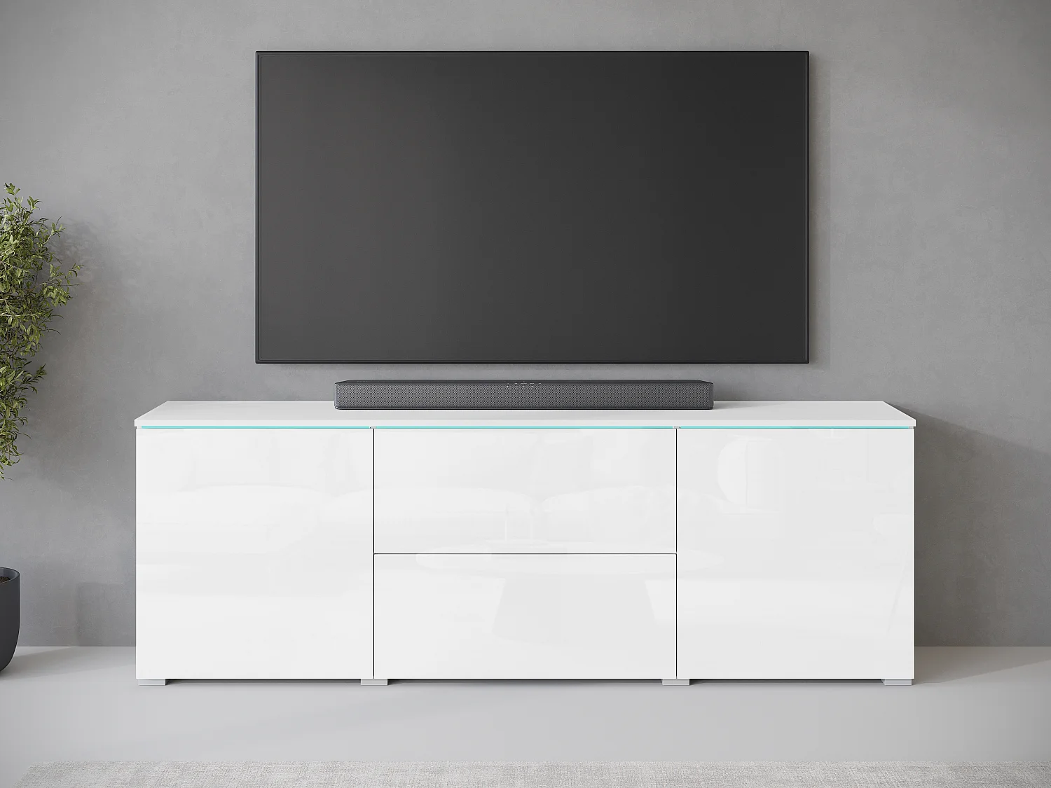 Meuble TV bas moderne 180 cm – meuble TV haut avec tiroirs et étagères, corps blanc mat, façades blanc brillant