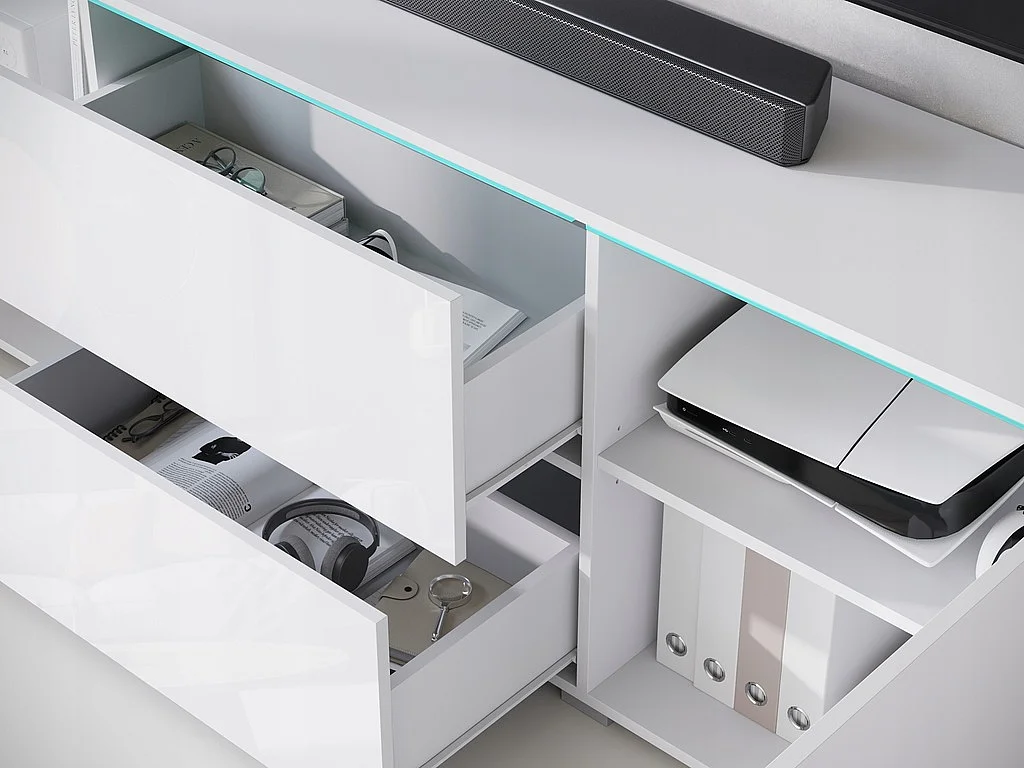 Meuble TV bas moderne 180 cm – meuble TV haut avec tiroirs et étagères, corps blanc mat, façades blanc brillant