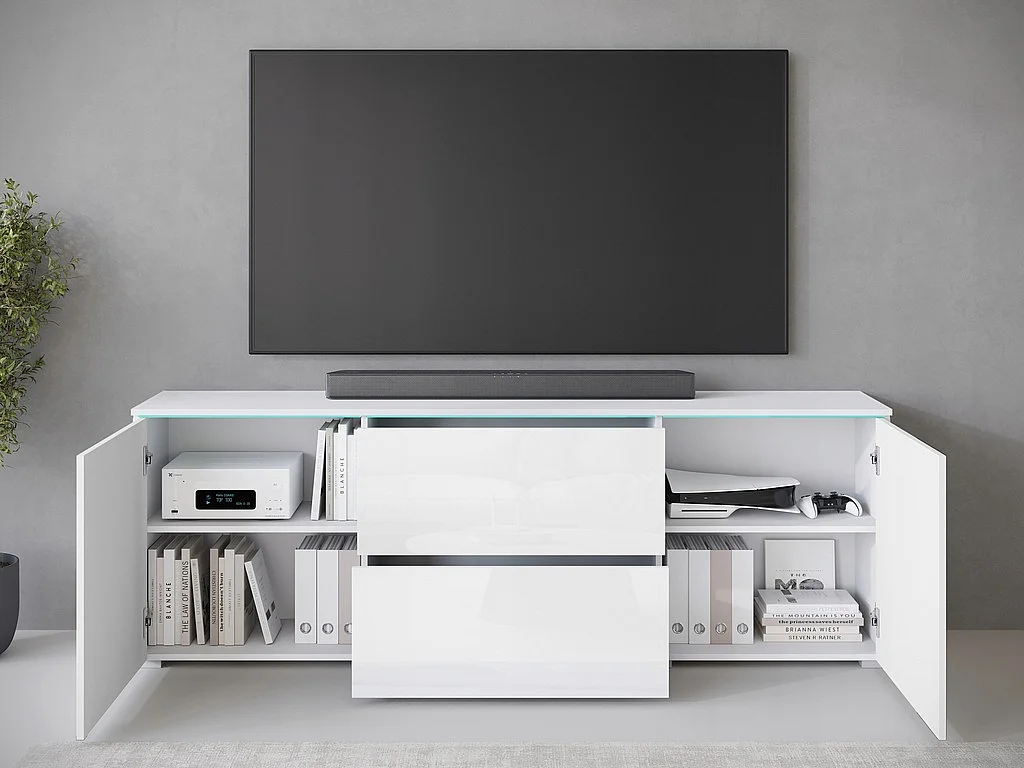 TV-Möbel VERA 181 cm, Fernsehschrank, Sideboard für Wohnzimmer, ohne LED-Beleuchtung, Farbe Weiß/Weiß Glanz