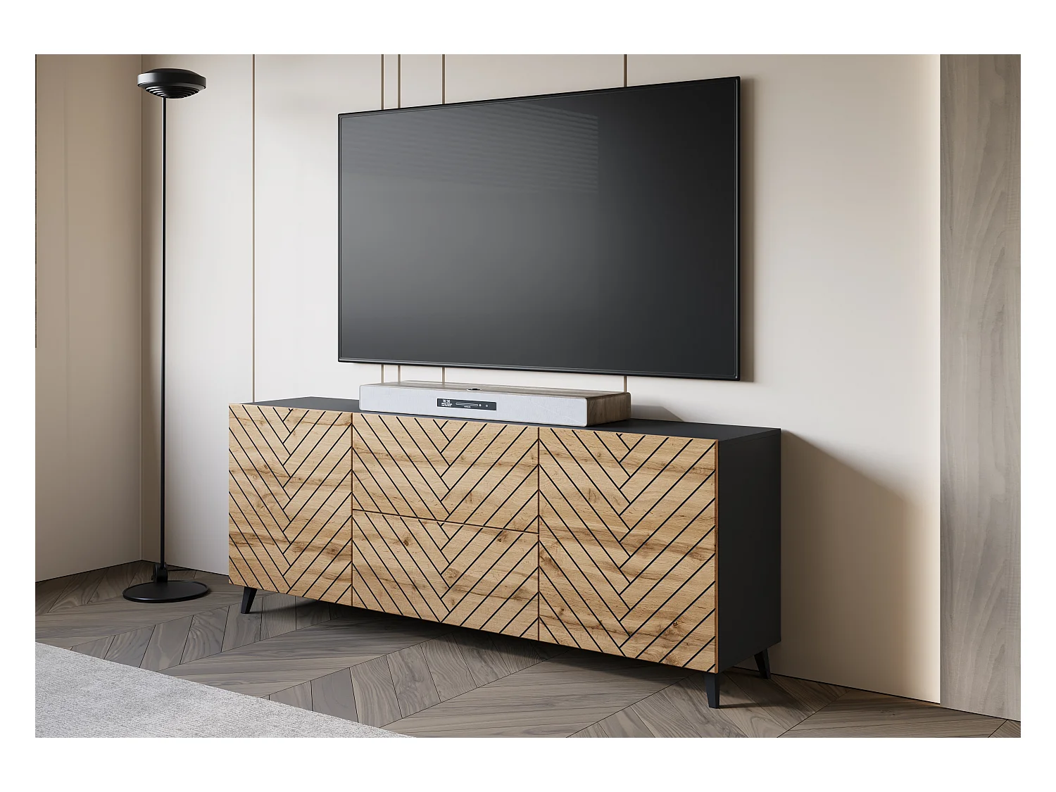 Nowoczesna szafka RTV 180 cm czarny grafit / wotan, czarna jodełka, na nóżkach, 2 szuflady i 2 szafki boczne