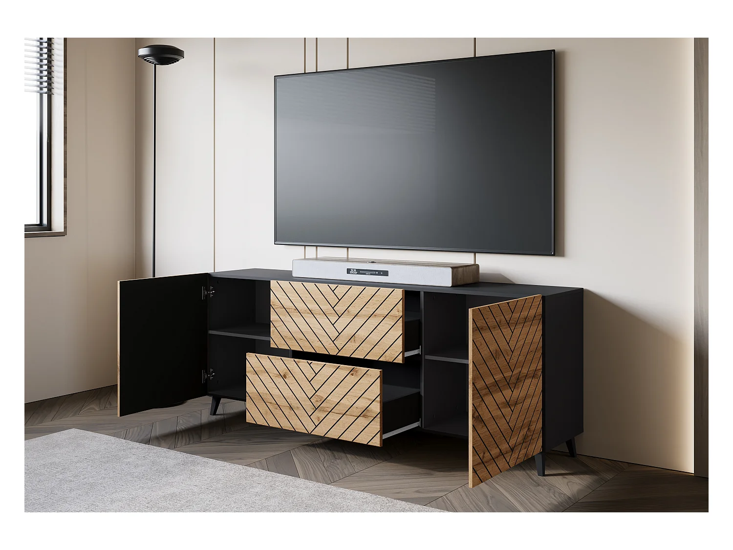 Nowoczesna szafka RTV 180 cm czarny grafit / wotan, czarna jodełka, na nóżkach, 2 szuflady i 2 szafki boczne