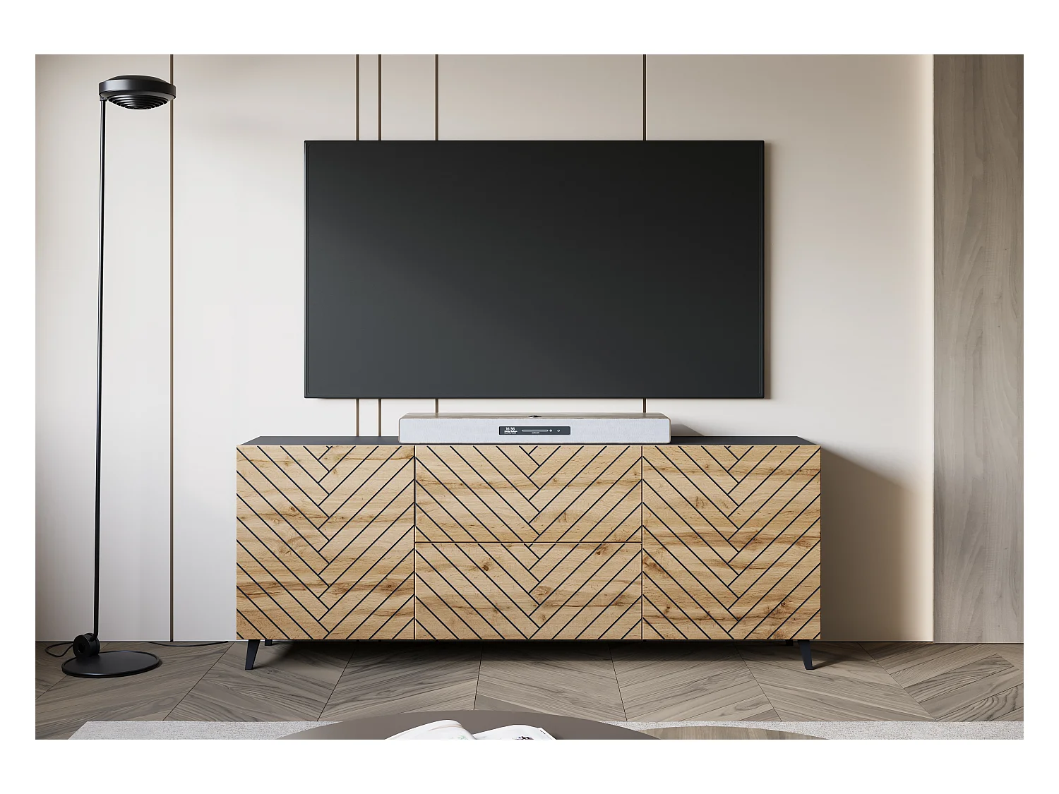 Nowoczesna szafka RTV 180 cm czarny grafit / wotan, czarna jodełka, na nóżkach, 2 szuflady i 2 szafki boczne