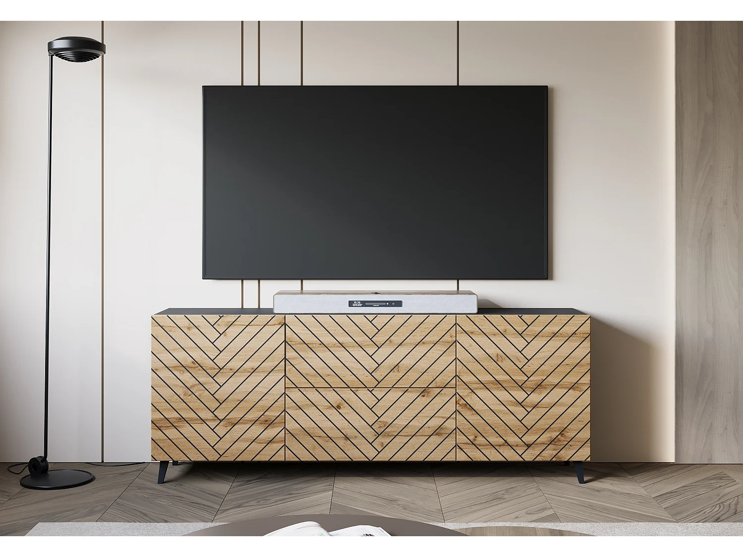 Lowboard moderne 180 cm noir graphite / chêne Wotan, sur pieds, façades à chevrons noirs, 2 tiroirs et 2 armoires latérales