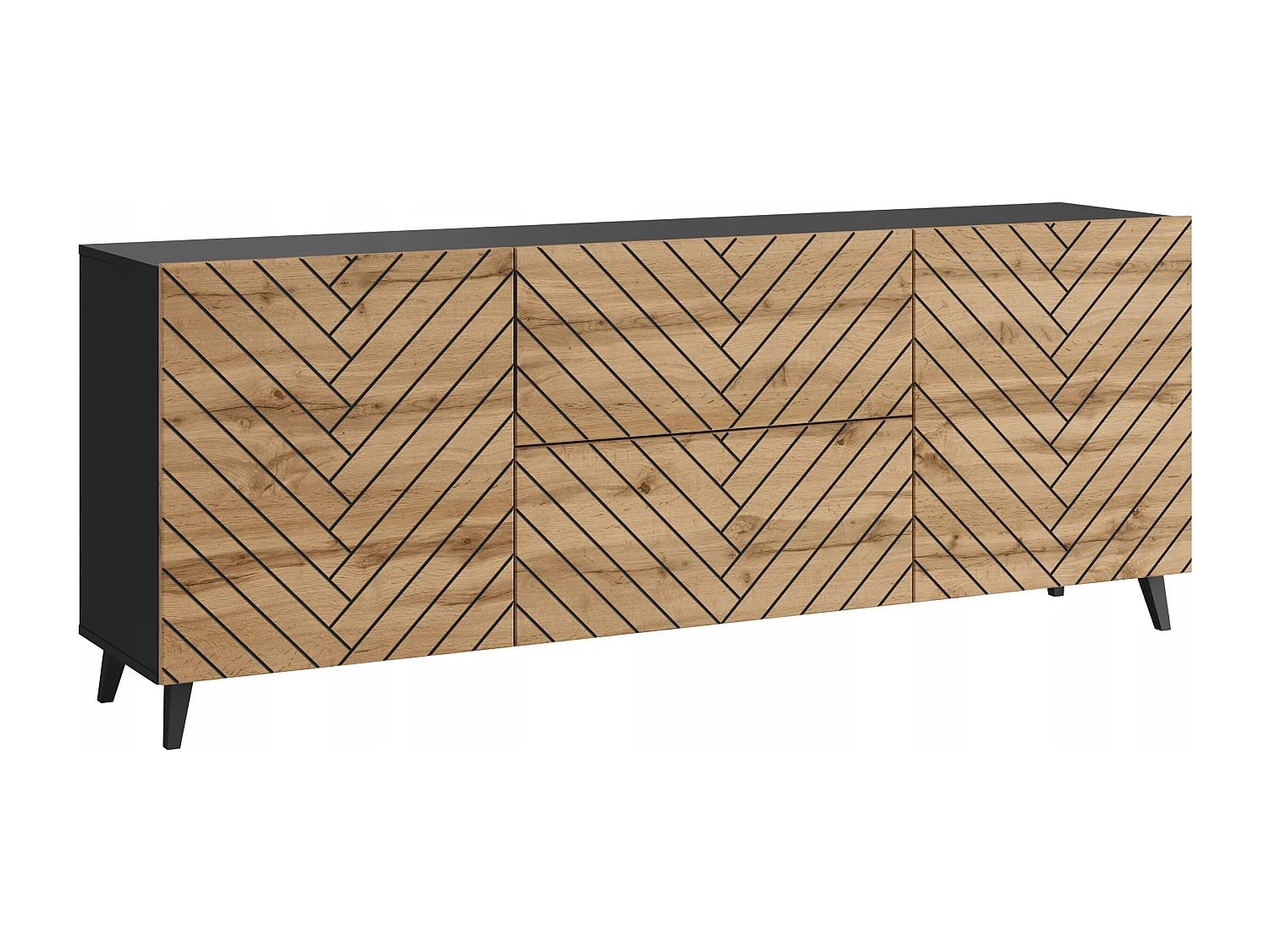 TV-Möbel PHUKET 181 cm, Fernsehschrank auf Füßen, Sideboard für Wohnzimmer, Farbe Wotan/Schwarz Fischgrätenmuster
