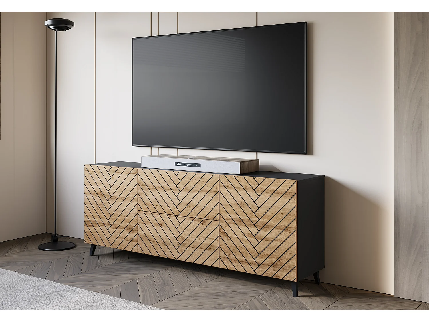 TV-Möbel PHUKET 181 cm, Fernsehschrank auf Füßen, Sideboard für Wohnzimmer, Farbe Wotan/Schwarz Fischgrätenmuster