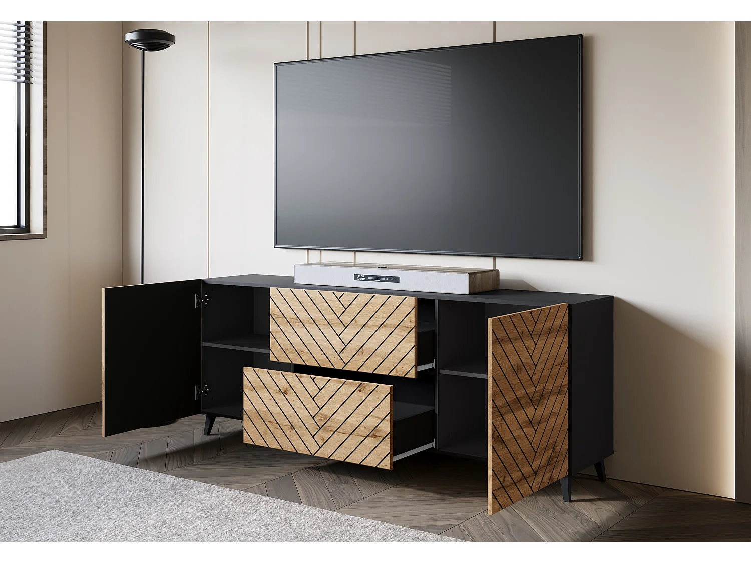 TV-Möbel PHUKET 181 cm, Fernsehschrank auf Füßen, Sideboard für Wohnzimmer, Farbe Wotan/Schwarz Fischgrätenmuster