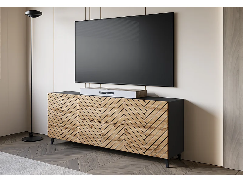 Moderne lowboard 180 cm zwart grafiet / wotan, op pootjes, fronten in zwarte visgraat, 2 lades en 2 zijkasten