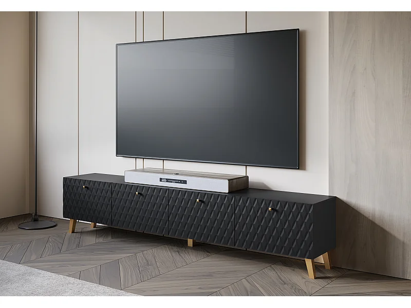 Móvel de TV moderno 190 cm preto mate, pés e puxadores dourados, frentes em MDF fresadas em losangos