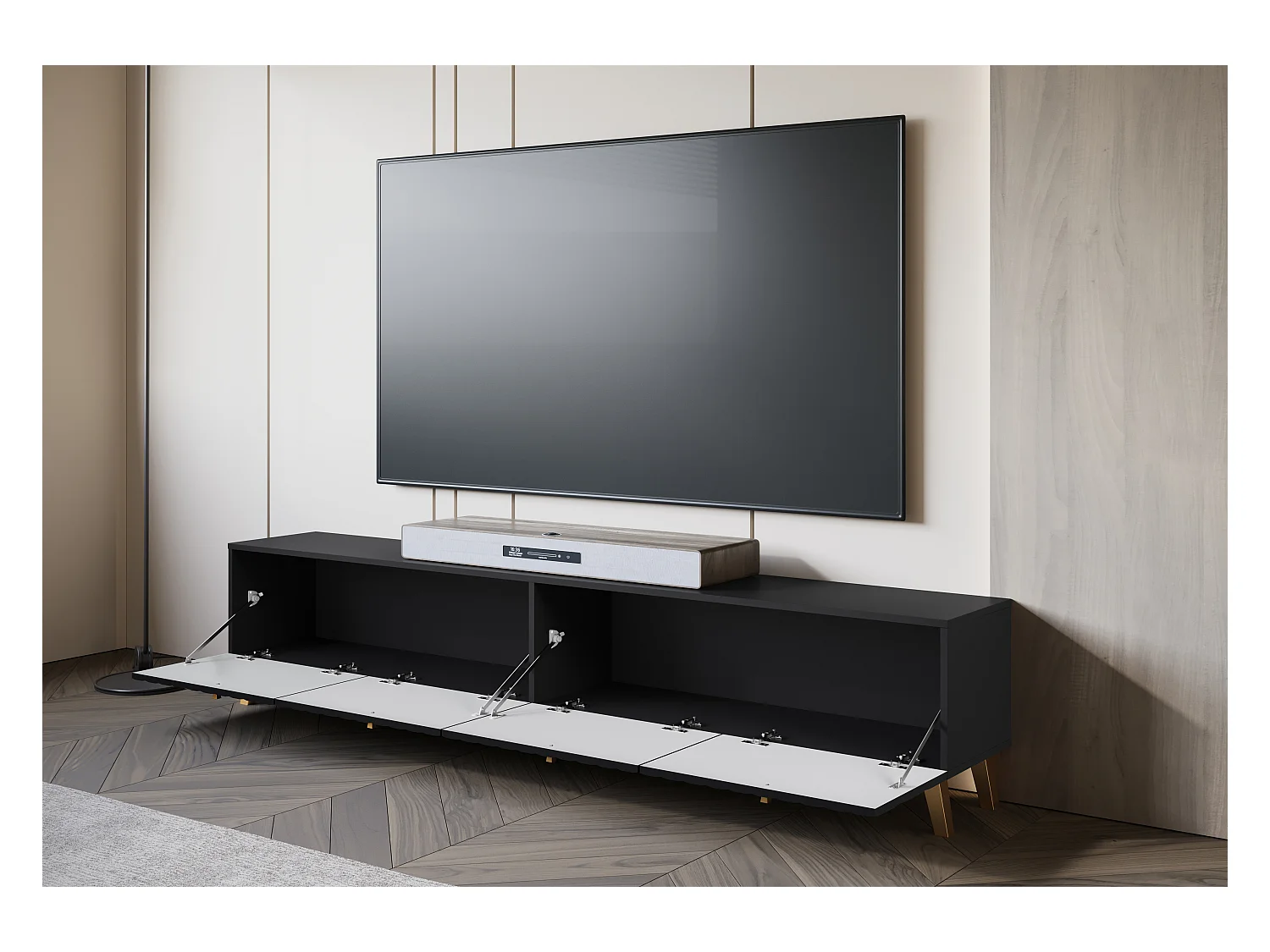 Móvel de TV moderno 190 cm preto mate, pés e puxadores dourados, frentes em MDF fresadas em losangos