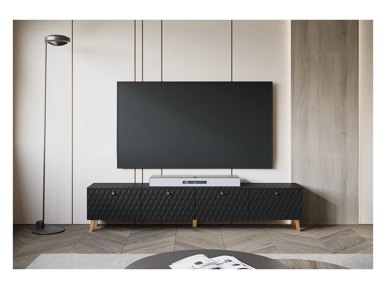 Móvel de TV moderno 190 cm preto mate, pés e puxadores dourados, frentes em MDF fresadas em losangos