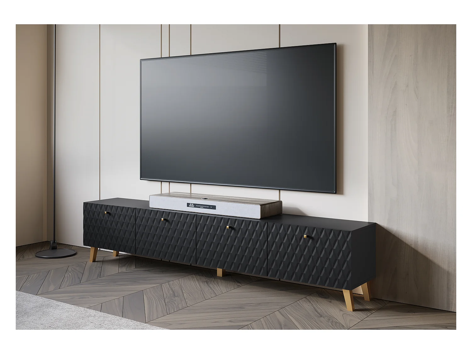 Meuble TV moderne 190 cm noir mat, pieds et poignées dorés, façades MDF rainurées en losanges