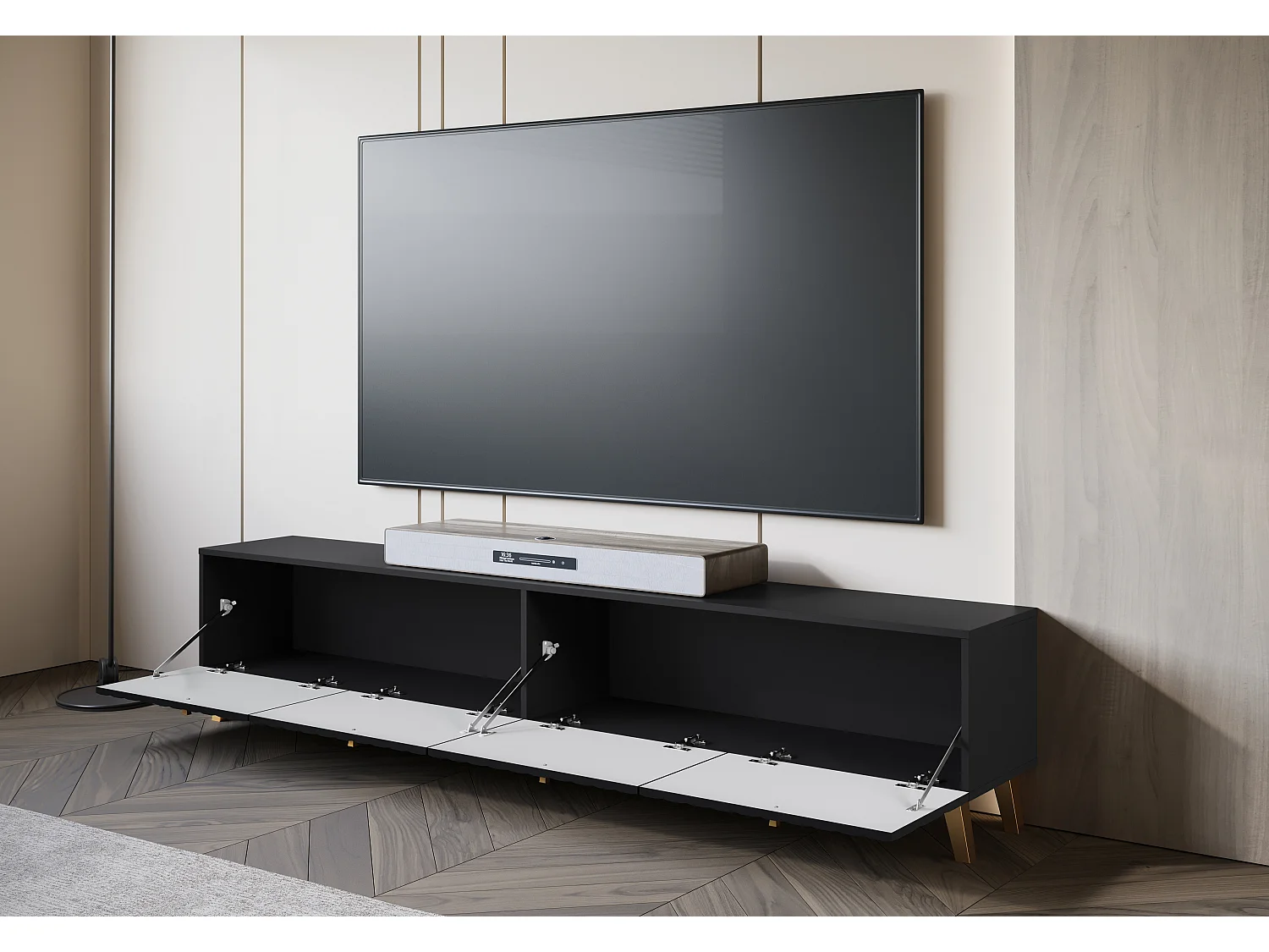 Meuble TV moderne 190 cm noir mat, pieds et poignées dorés, façades MDF rainurées en losanges