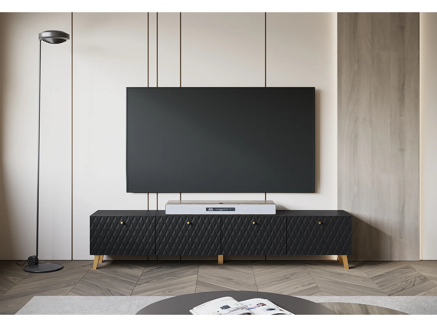 Meuble TV moderne 190 cm noir mat, pieds et poignées dorés, façades MDF rainurées en losanges