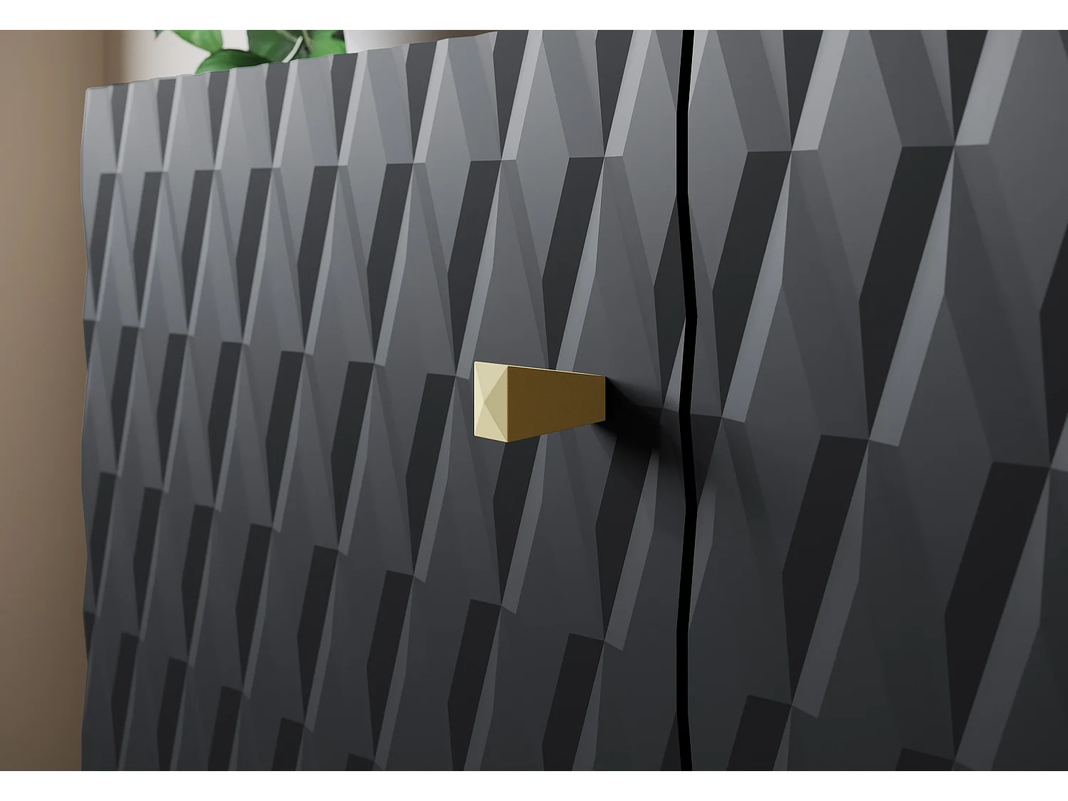 Meuble TV moderne 190 cm noir mat, pieds et poignées dorés, façades MDF rainurées en losanges