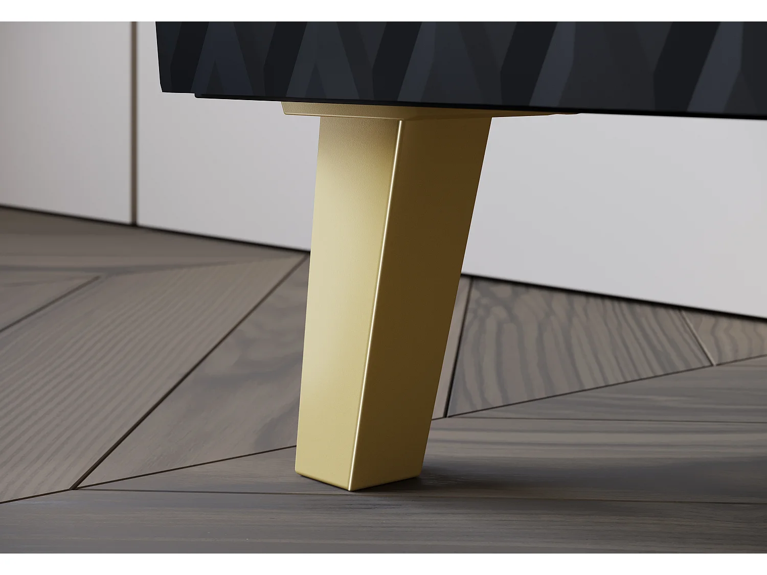 Meuble TV moderne 190 cm noir mat, pieds et poignées dorés, façades MDF rainurées en losanges