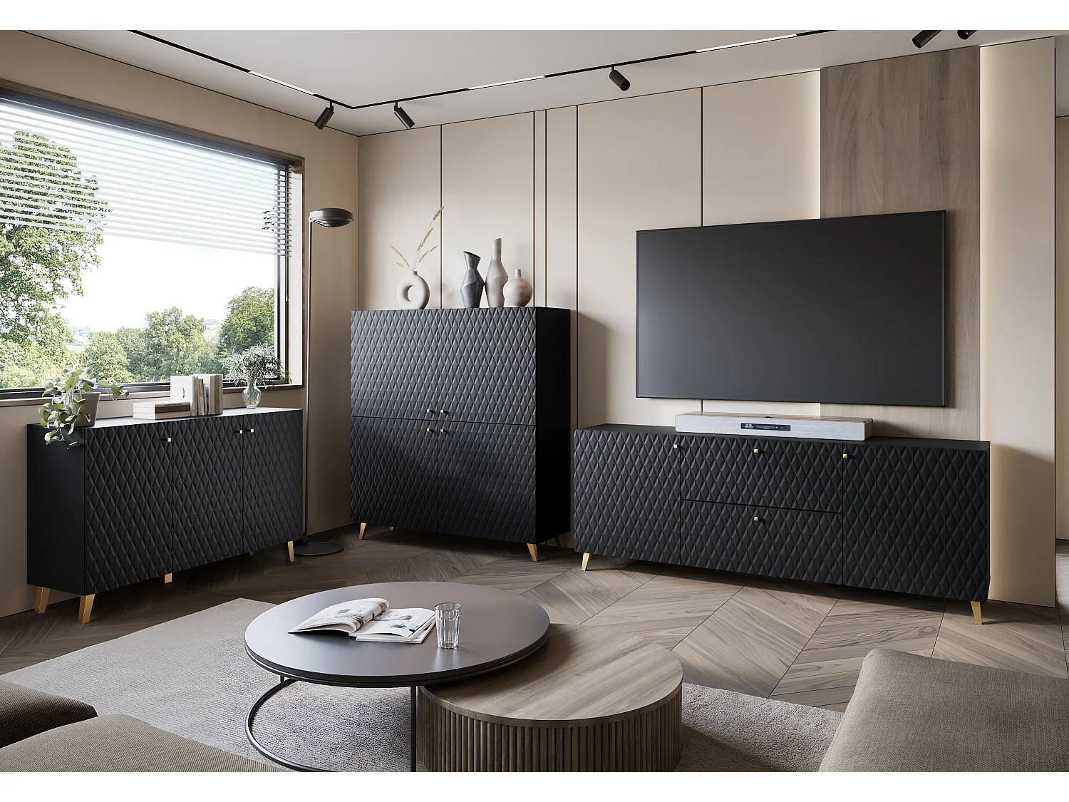 Meuble TV moderne 190 cm noir mat, pieds et poignées dorés, façades MDF rainurées en losanges