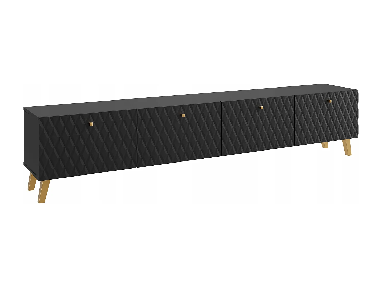 Moderner Schwarzer Matter TV-Ständer 190 cm mit goldenen Beinen und Griffen, Diamantgerillte MDF-Fronten