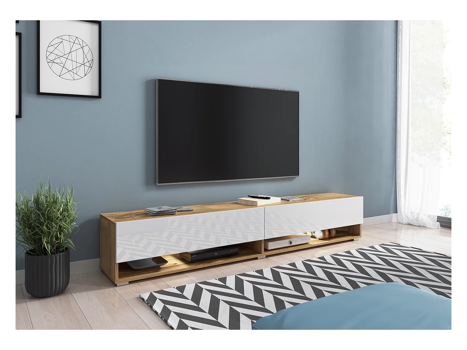 Mueble de TV moderno 180 cm – sin tiradores, cuerpo roble Wotan, frentes blanco brillo, de pie o colgado