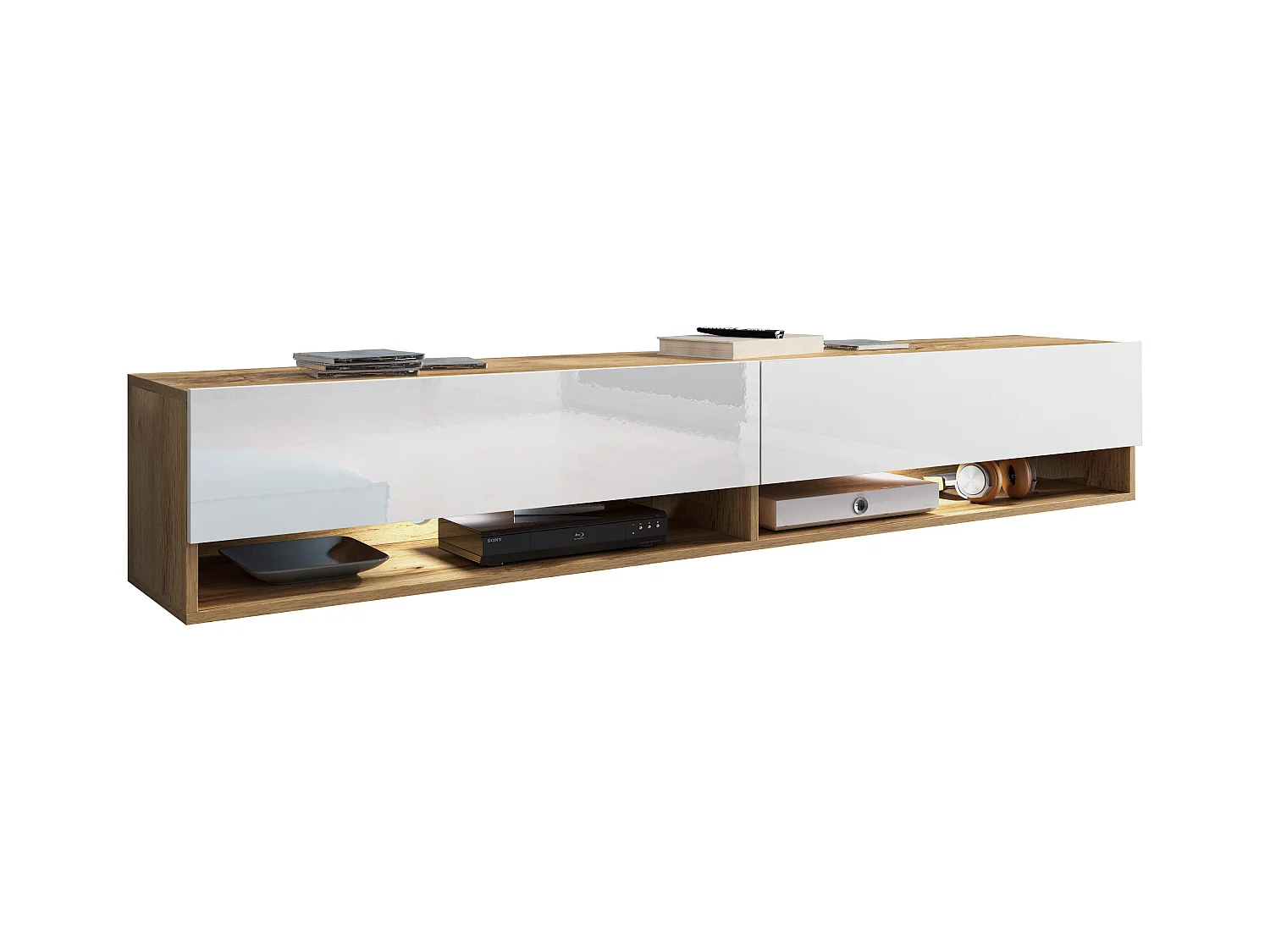 Mueble de TV moderno 180 cm – sin tiradores, cuerpo roble Wotan, frentes blanco brillo, de pie o colgado