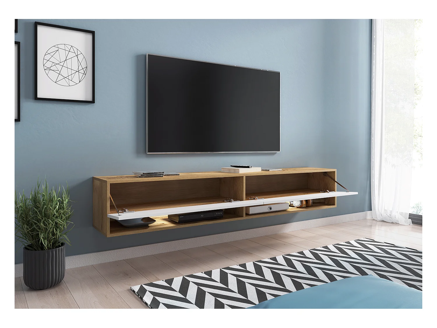 Mueble de TV moderno 180 cm – sin tiradores, cuerpo roble Wotan, frentes blanco brillo, de pie o colgado