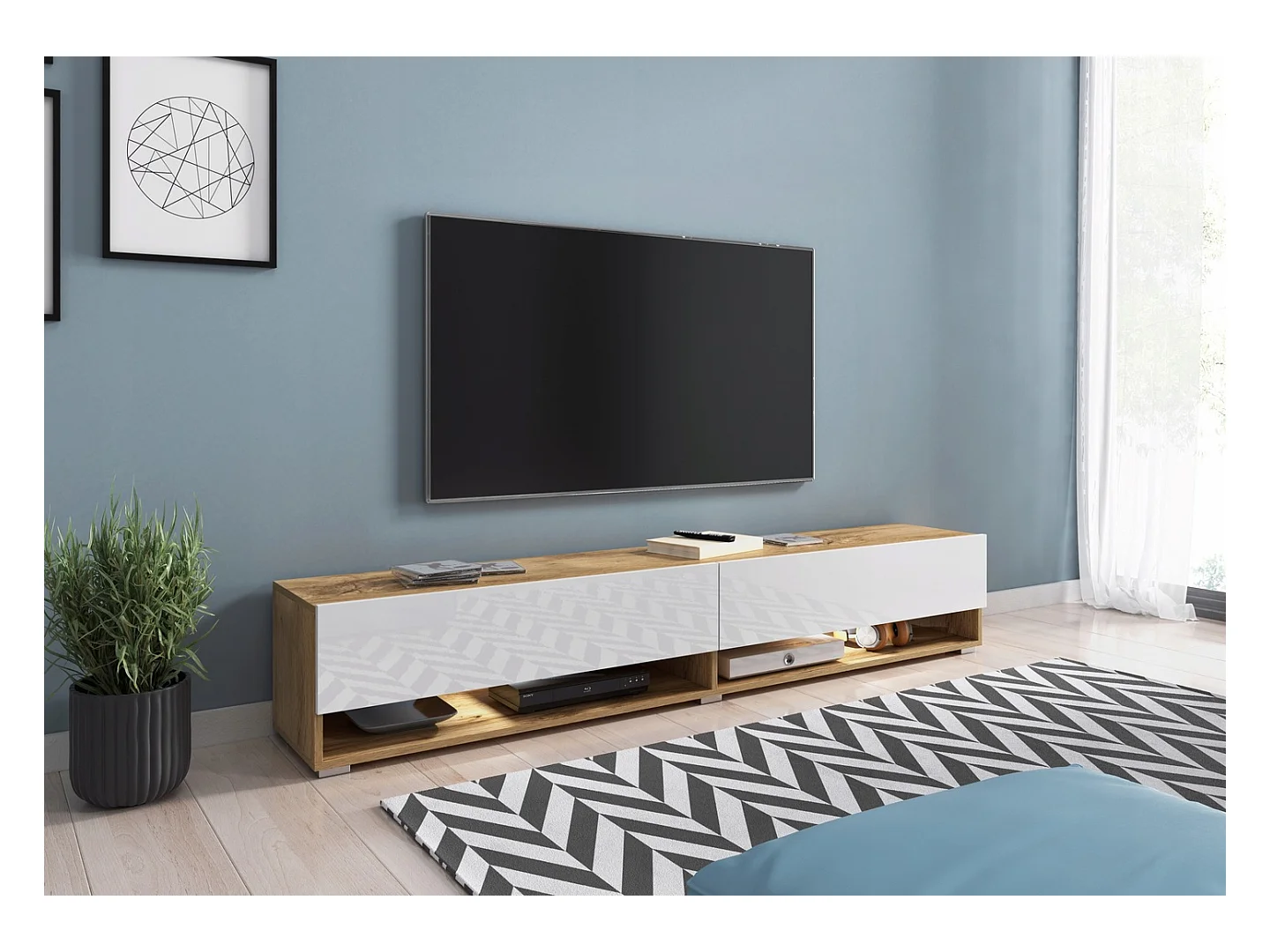 Mueble de TV moderno 180 cm – sin tiradores, cuerpo roble Wotan, frentes blanco brillo, de pie o colgado