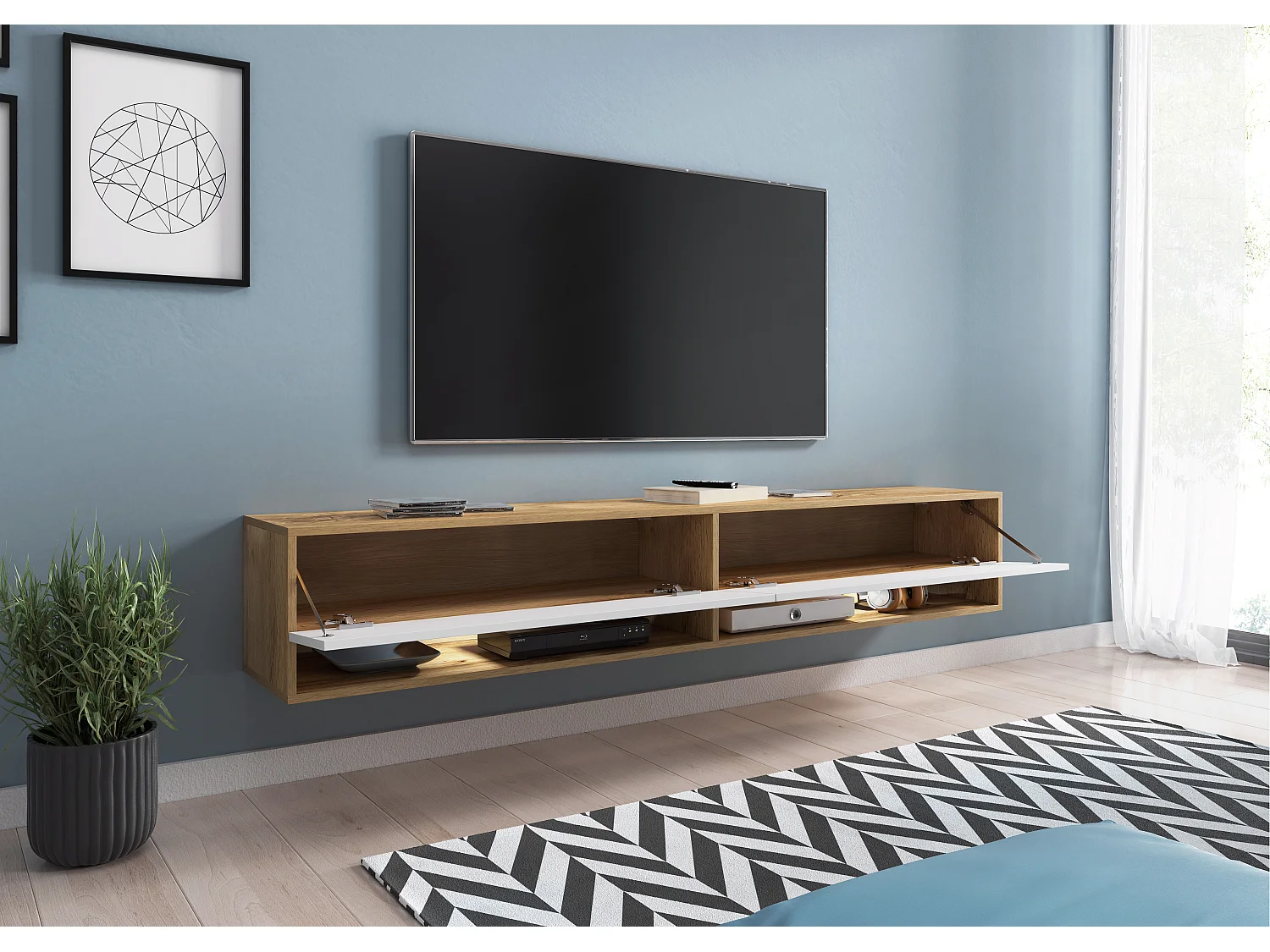 Meuble TV moderne 180 cm – sans poignées, corps chêne Wotan, façades blanc brillant, posé ou suspendu