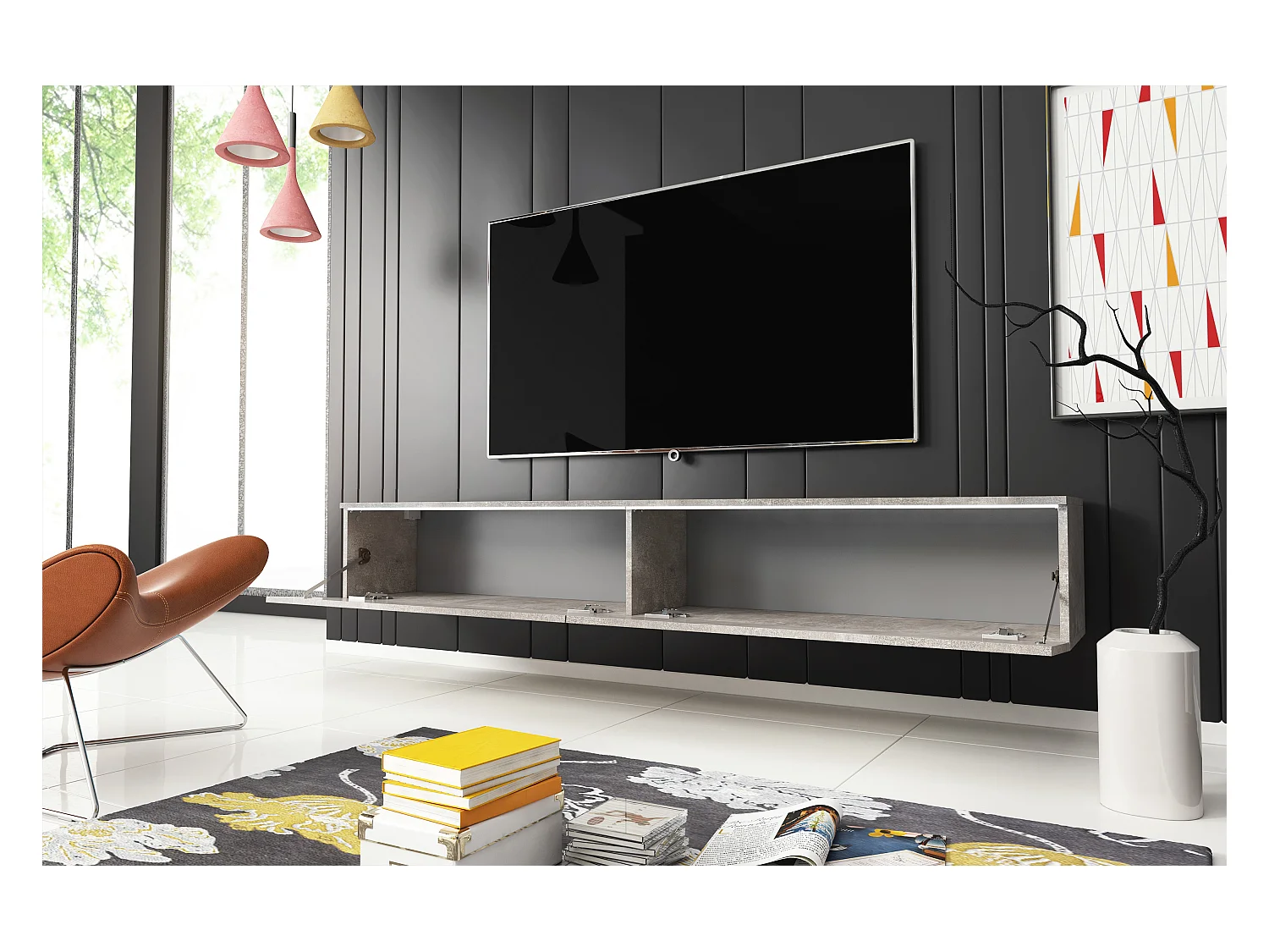 Moderne tv-meubel 180 cm voor de woonkamer – 2-deurs, greeploos, matte afwerking, staand of hangend, smart beton / smart beton