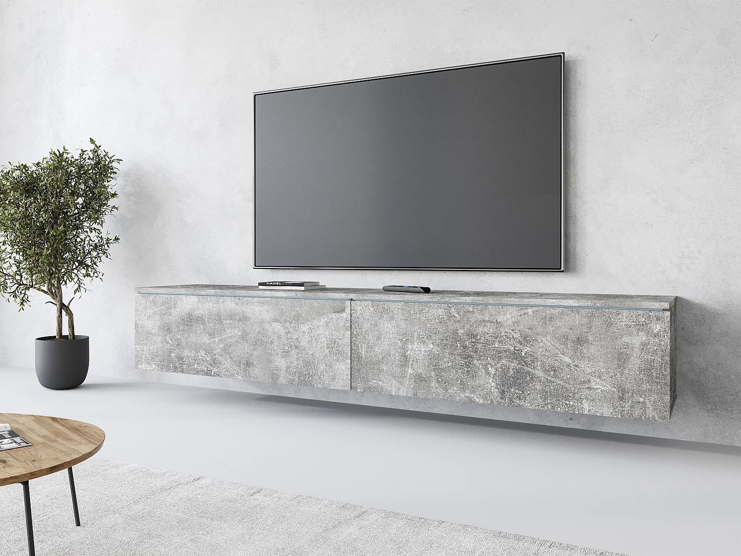 Meuble TV moderne 180 cm pour salon – 2 portes, sans poignées, finition mate, à poser ou à suspendre, béton smart / béton smart