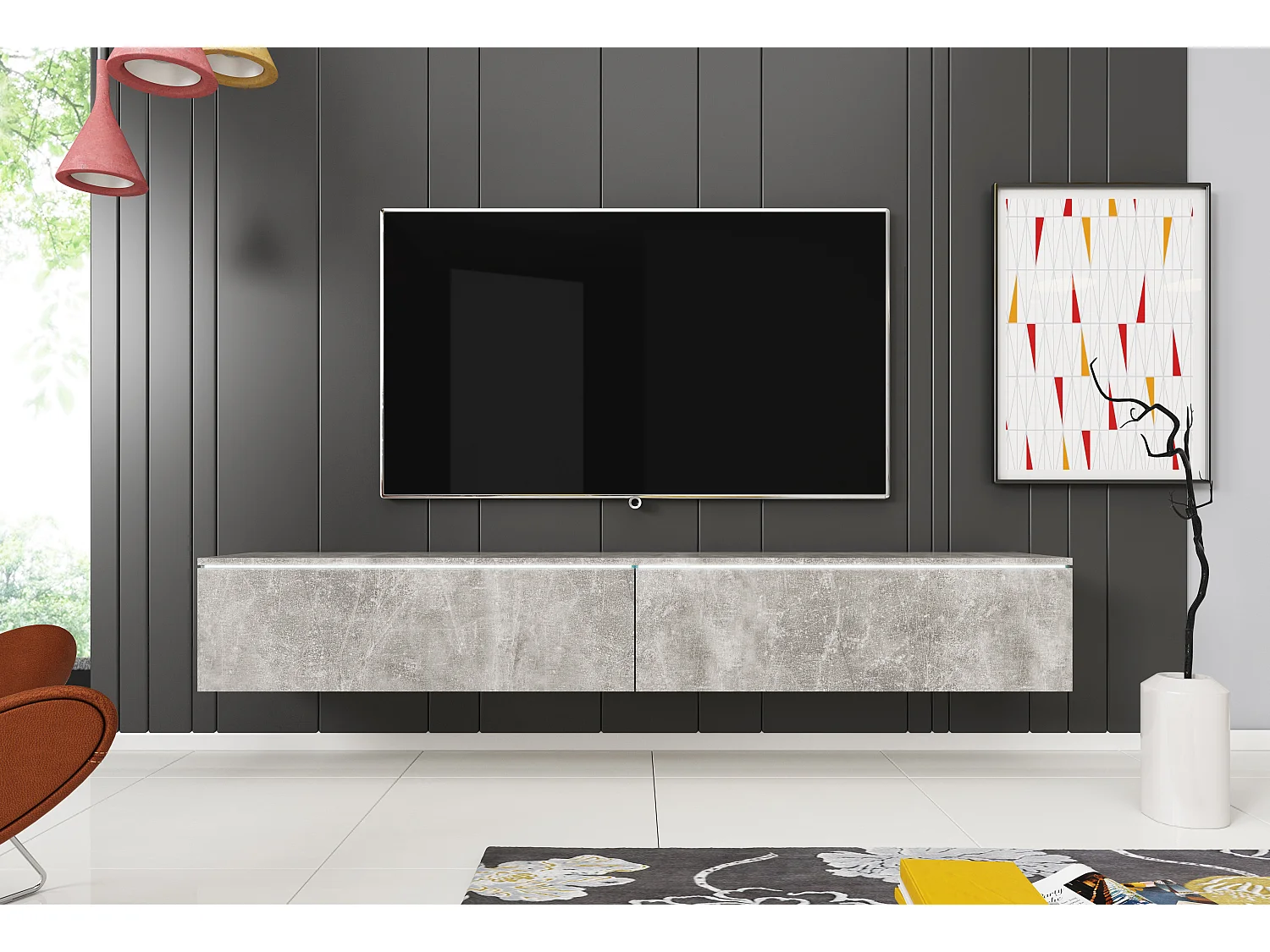 Meuble TV moderne 180 cm pour salon – 2 portes, sans poignées, finition mate, à poser ou à suspendre, béton smart / béton smart