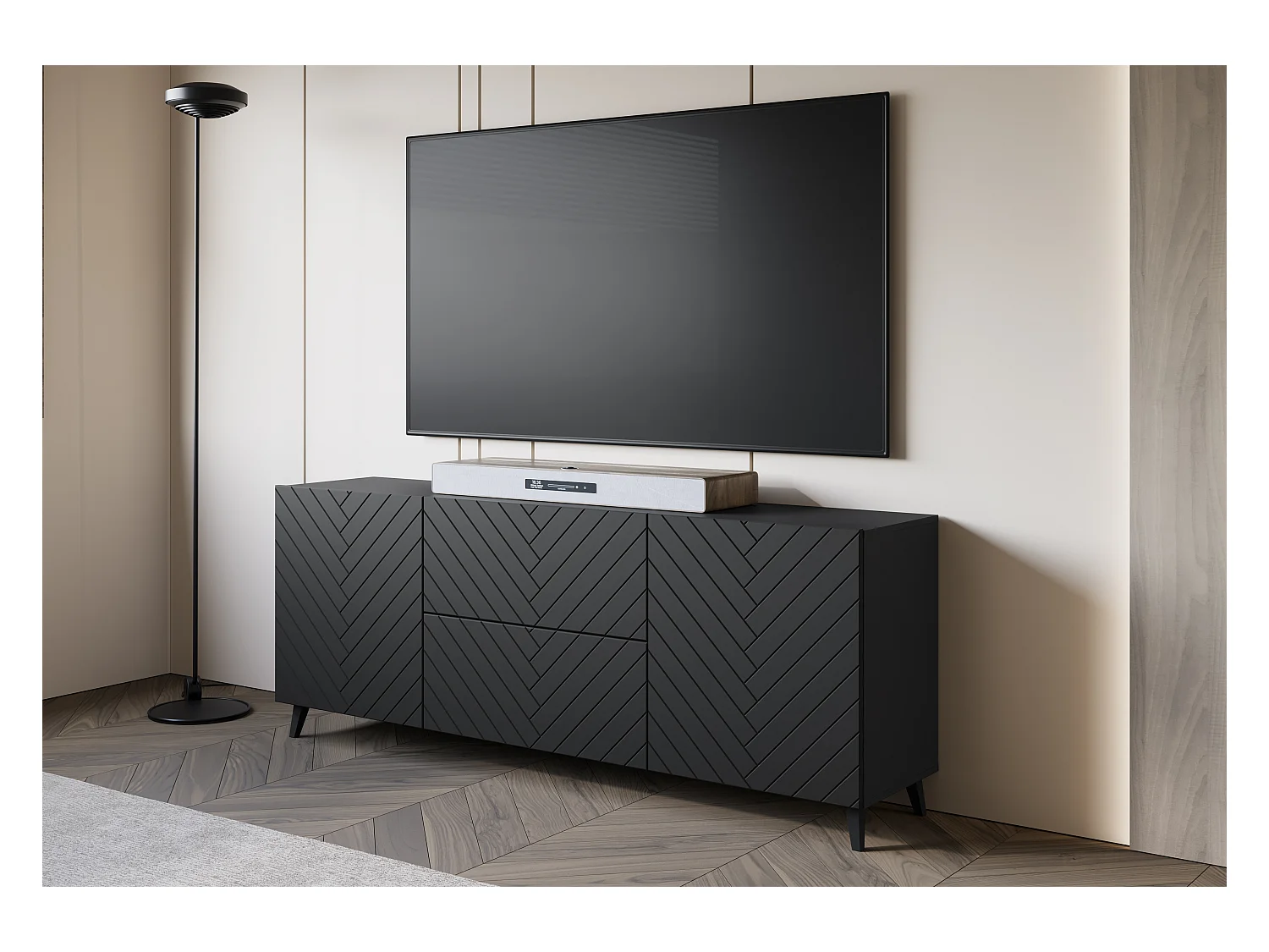 Meuble TV moderne bas 180 cm noir graphite, lowboard avec motif chevrons, 2 tiroirs et 2 armoires latérales