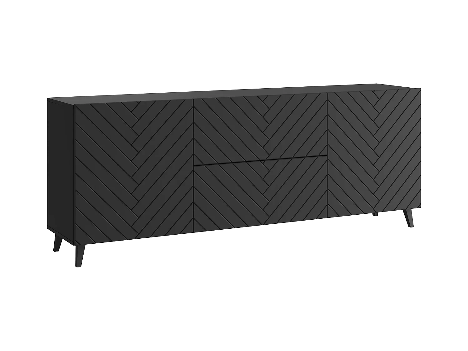 Meuble TV moderne bas 180 cm noir graphite, lowboard avec motif chevrons, 2 tiroirs et 2 armoires latérales