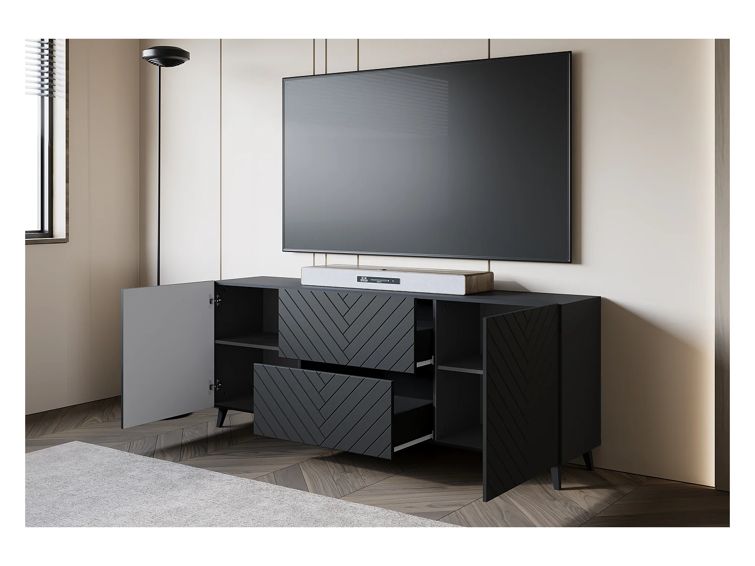 Meuble TV moderne bas 180 cm noir graphite, lowboard avec motif chevrons, 2 tiroirs et 2 armoires latérales